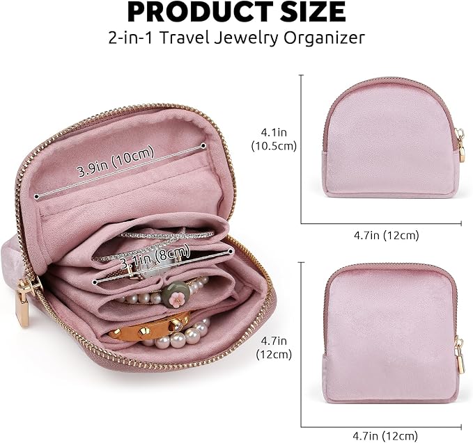Small Travel Jewelry Case Set 2-in-1 Detachable Velvet Pouches, Portable Jewelry Organizer Bag for Rings Earrings Bracelets, Gift Box for Women (Blush Pink) - Image 5
