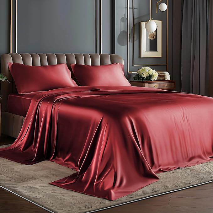 BEDELITE Satin Sheets Twin XL Size Bed Set, Luxury Soft Burgundy Silky Sheets for Hair and Skin, Similar to Silk Bed Sheets Set 3 Pieces （1 Deep Pocket Fitted Sheet, 1 Flat Sheet, and 1 Pillowcase）