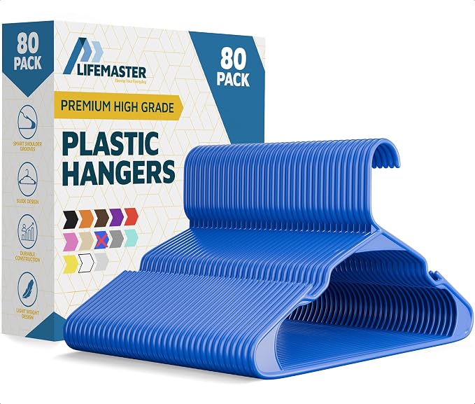 Lifemaster Plastic Clothes Hangers – Heavy Duty Hanger Set, for Organizing Clothes, Dresses, and Coat, Holds Up to 5 lbs, Space-Saving Hangers with Non-Slip Shoulder Grooves, Pack of 80, Blue by LIFEMASTER