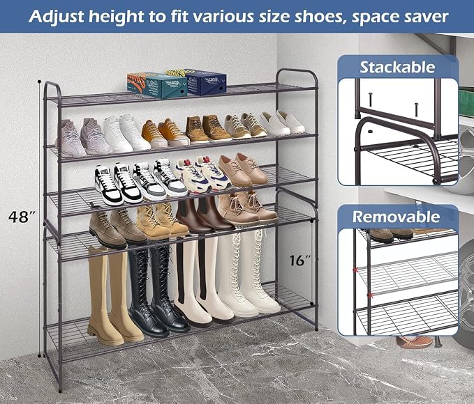 KEETDY Long 3 Tier Shoe Rack for Closet Wide Shoe Storage Organizer Stackable Metal Shoe Shelf for 24 Pairs Men Sneakers with Wire Grid for Closet Floor, Bedroom, Entryway, Bronze - Image 5