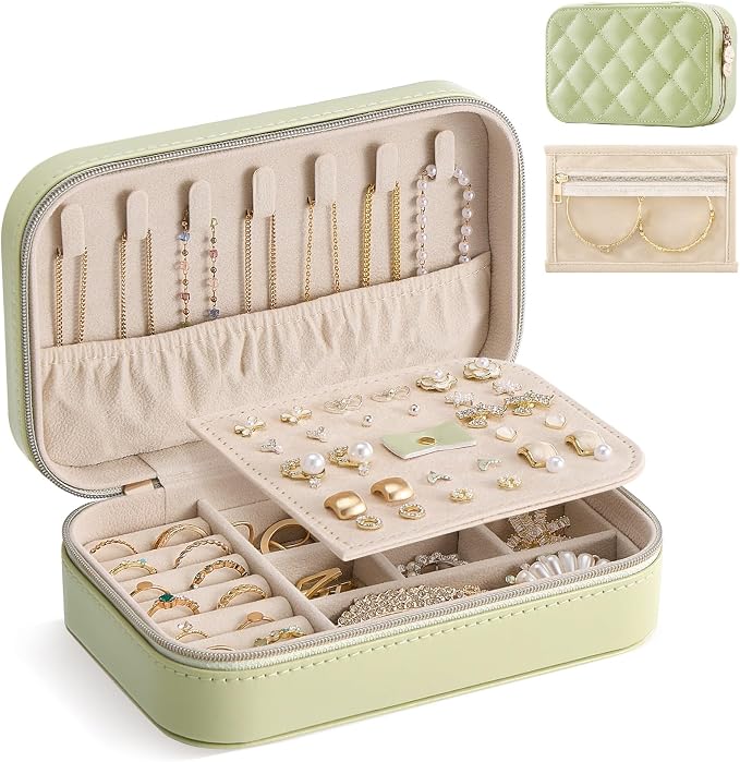 Lolalet Travel Jewelry Case for Women Girls, PU Leather Jewelry Organizer with Clear Storage Bag Small Portable Jewelry Box for Necklace Bracelet Earring Ring Mothers Day Birthday Gifts -Medium/Green by Lolalet