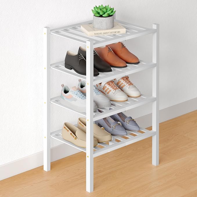 Smiry Bamboo Shoe Rack for Closet, 4 Tier Small Wooden Stackable Shoe Organizer, Free Standing Shoes Storage Shelf for Entryway, Front Door Entrance, White by Smiry