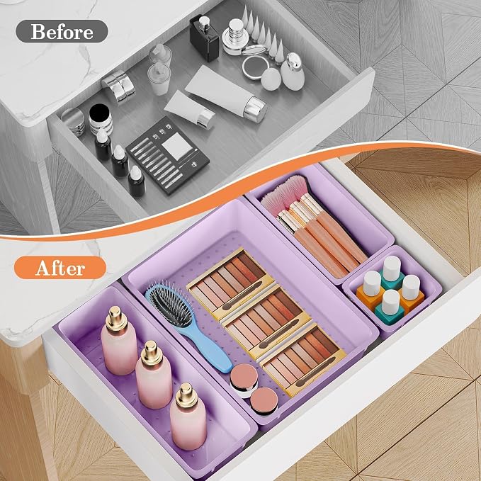 SpaceHacks 25 PCS Plastic Drawer Organizer Set, 4-Size Versatile Organizer Trays & Storage Bins for Makeup, Jewelry, and Gadgets in Bathroom, Bedroom and Office, Purple - Image 4