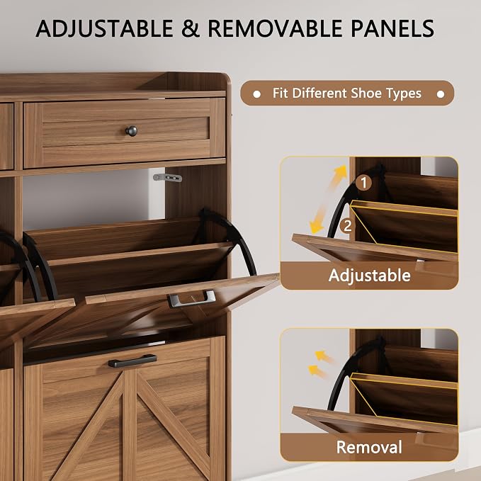 Shoe Cabinet with 6 Flip Drawers & 2 Top Drawers, 57" Tall Freestanding Narrow Wooden Shoe Storage Organizer for Entryway, Hidden Slim Shoe Rack for Front Door Entrance, Hallway, Living Room, Walnut - Image 3
