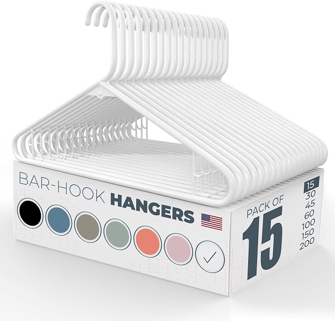 Neaties Plastic Hangers 15 Pack – Made in The USA – 6lb Capacity Standard Clothes Hangers with Strap Hooks for Dresses, Lingerie, Shirts, Pants, and Jackets – White by NeatiesHangers