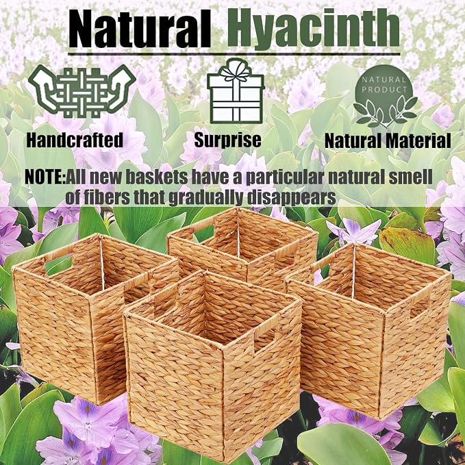 11x11in Storage Baskets 4 Pcs Square Baskets for Cube Shelf,Foldable Handwoven Water Hyacinth Storage Bins for Laundry Organizer - Image 5