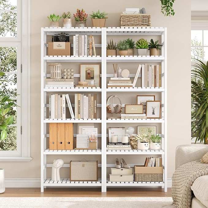 FOTOSOK 6-Tier Bamboo Shelf, Bamboo Bookcase with Adjustable Shelves, Free Standing Storage Shelf Unit, Plant Flower Stand for Bathroom, Kitchen, Home Office, White - Image 5