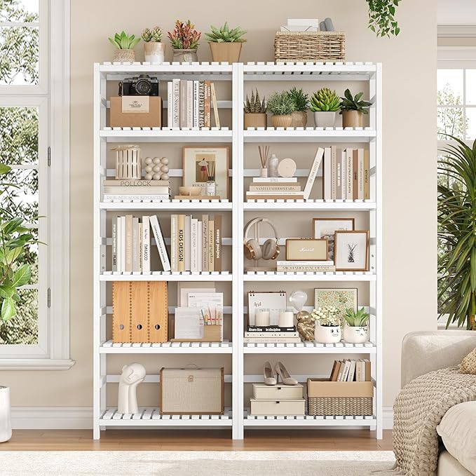 FOTOSOK 6-Tier Bamboo Shelf Set of 2, Bamboo Bookcase with Adjustable Shelves, Free Standing Storage Shelf Unit Plant Flower Stand, Tall Large White Bookshelf for Kitchen, Bathroom, Home Office, White - Image 5