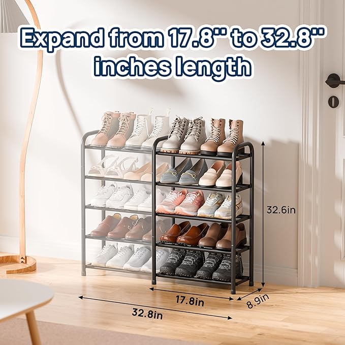 ENJOYBASICS 5 Tier Expandable Shoe Rack for Closet, Free Standing Metal Shoe Shelf Storage Organizer Holder 20 Pairs, Adjustable Width Shoe Rack for Entryway Small Space, Black - Image 2