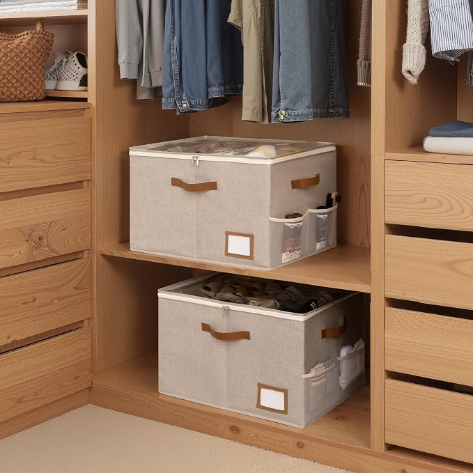 StorageWorks Shoe Organizer for Closet, 2 Pack Shoe Storage Boxes with Clear Lid, Stackable Shoe Storage Organizer for Sandals and Slippers, Fabric Shoe Bins for Closet, Holds 16–32 Pairs, Taupe - Image 6
