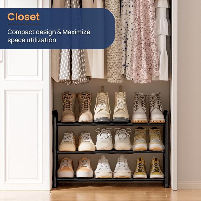 ENJOYBASICS 3 Tier Expandable Shoe Rack for Closet, Free Standing Metal Shoe Shelf Storage Organizer Holder 12 Pairs, Adjustable Width Shoe Rack for Entryway Small Space, Black | Adjustable, for Closet, Shoe Rack Storage, for Small Space, Entryway - Image 5