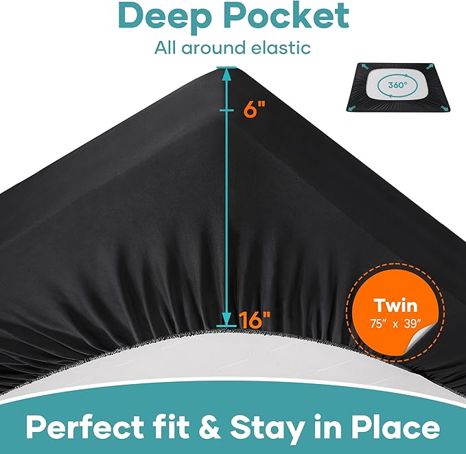 OhGeni 100% Waterproof Mattress Protector, Twin Black Size, 6''-16'',Fitted Sheet with Deep Pockets, Premium Noiseless Breathable Soft Hypoallergenic Material, Mattresses Cover for Bed