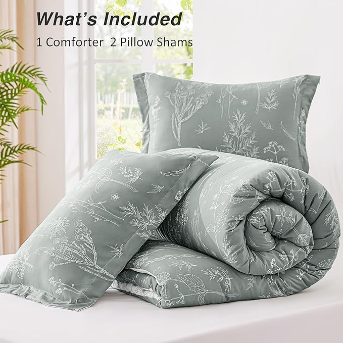 Love's cabin Grey King Comforter Set - King Size Comforter Set, 3 Pieces Cute Floral Bedding Sets for All Seasons,1 Soft Reversible Botanical Flowers Comforter and 2 Pillow Shams