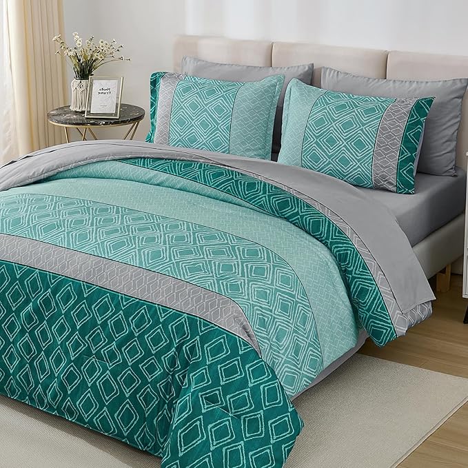 Dinjoy Queen Comforter Set Boho, Soft Teal Striped 7 Piece Bed in a Bag Queen Size Warm Blue Green Bedding Sets Plaid Comforters Bed Set with Sheets for Family Fall Winter