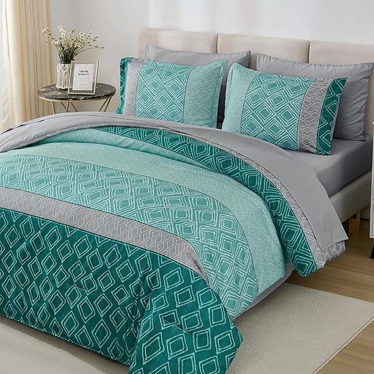 Dinjoy Queen Comforter Set Boho, Soft Teal Striped 7 Piece Bed in a Bag Queen Size Warm Blue Green Bedding Sets Plaid Comforters Bed Set with Sheets for Family Fall Winter