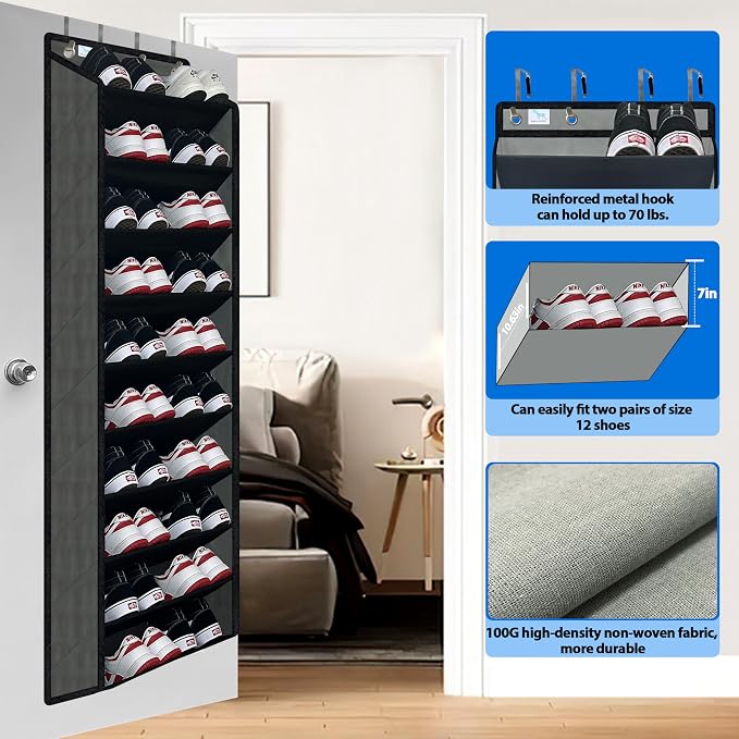 Shoe Organizer,70 Pounds Large Capacity,20-30-Pair Over The Door Shoe Organizer,10 Tiers Shoe Rack for Closet,New Upgrade Anti-Scratch Heavy Duty Hook and Bamboo Material Baffle,Grey/Black - Image 3