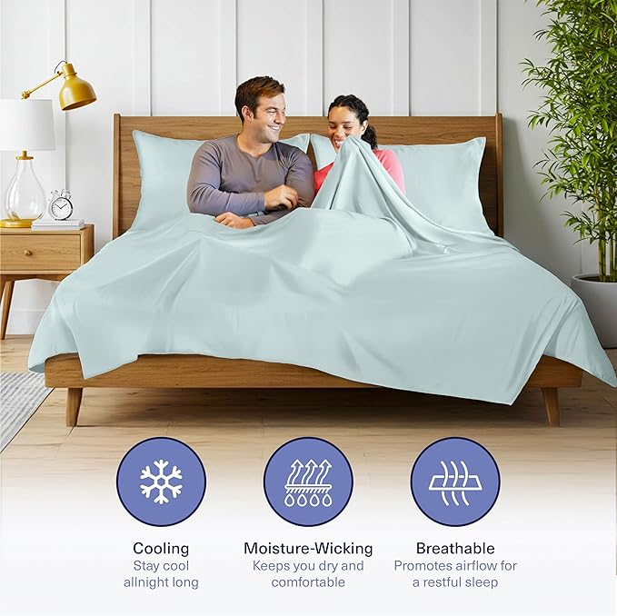 Kickoff Viscose Bamboo Sheets Short Queen Size 4-pc 100% Organic Bamboo Viscose Bed Cooling Sheets Short Queen Size Set Cool Bedding for hot sleepers sheet, Flat, Fitted, Pillowcases (Coastal Blue,SQ)