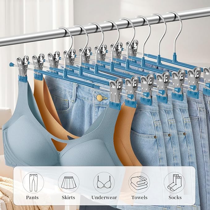 Pants Hangers with Clips 10 Pack Adjustable Skirt Hangers for Women Non-Slip Trousers Hanger for Jeans Clothes Hangers for Pants Heavy Duty Space Saving Shorts Hangers,Blue,12Inch - Image 4