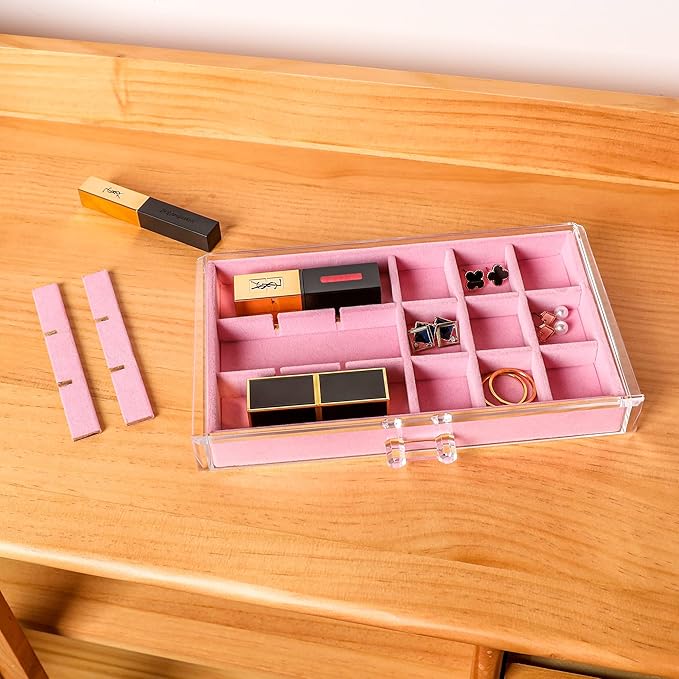 Frebeauty Acrylic Jewelry Organizer Earring Organizer Box with 5 Drawers Earring Holder Organizer with Velvet Trays Clear Jewelry Box for Women Earring Display for Rings StudsPink - Image 6