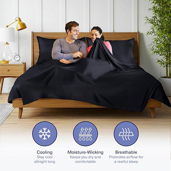 Kickoff Viscose Bamboo Sheets Short Queen Size 4-pc 100% Organic Bamboo Viscose Bed Cooling Sheets Short Queen Size Set Cool Bedding for hot Sleepers Sheet, Flat, Fitted, Pillowcases (Black, SQ)