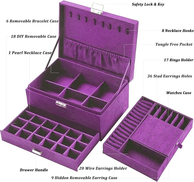 QBestry 3-Layer Jewelry Box for Women with Lock and Key & Drawer, Large Jewelry Organizer with 8 Necklace Hooks & 56 Earring Holes, Purple Velvet Jewelry Storage Box for Necklace Earring Ring Bracelet - Image 7