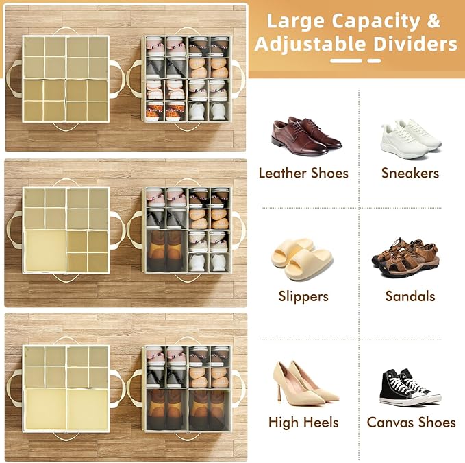 NestOrganix 2 Pack Shoe Organizer for Closet, Large Shoe Box Storage Containers, Foldable Shoe Storage Organizer Box Bin with Adjustable Dividers and Clear Cover, Space Saving Shoes Holder, Beige - Image 2