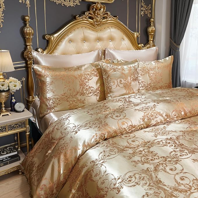 Queen Size 8-Piece Jacquard Comforter Set with Satin Sheets Set – Elegant Coordinated Bedding Collection for Bedroom