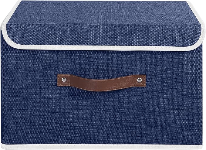 ANMINY Storage Bin with Lid Storage Boxes with PU Leather Handles PP Plastic Board Decorative Foldable Lidded Cotton Linen Fabric Home Cubes Baskets Closet Organizer Container - Blue, Large Size - Image 2