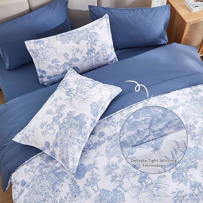 DJY Blue Comforter Set Queen, 7 Pieces Bed in a Bag Queen Size Botanical Comforters with Sheets Elegant Plants Print Soft Microfiber Reversible Complete Bedding Sets for All Season