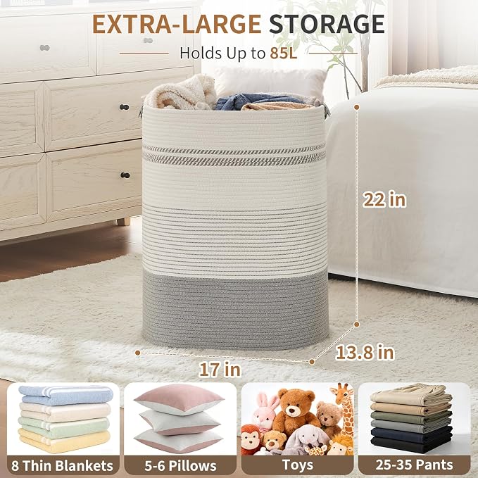 AINUOQI Laundry Basket with Handles - Blanket Basket & Hampers for Bedroom Aesthetic, Laundry Hamper & Blanket Storage for Living Room, Clothes Hamper, Tall, Large 17" x 14" x 22”, Grey - Image 2