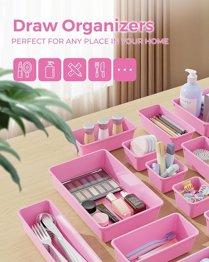 BiuLeon 25 PCS Plastic Drawer Organizers Set, 4-Sizes Vanity and Makeup Organizer, Desk and bathroom Drawer Organizer Trays, Organizers and Storage for Makeup, Jewelry, Gadgets, Utensils(Light Purple) - Image 3