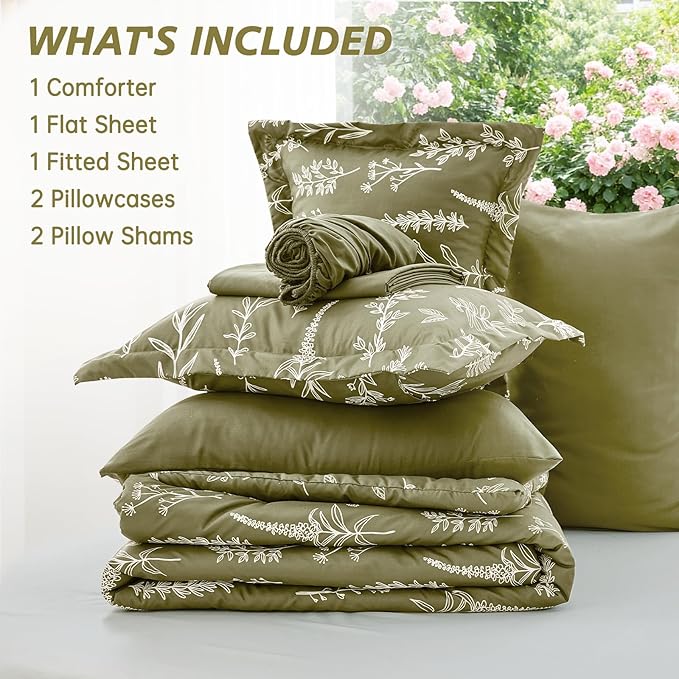 MUXHOMO Olive Green King Comforter Set, Elegant Floral Print Bed in a Bag 7 Pieces, Ultra Soft & Breathable Reversible Botanical Pattern Bedding Set with Comforter, Sheets, Pillowcases, and Shams