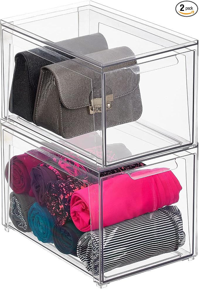 mDesign Plastic Stackable Closet Storage Organizer Bins with Pull Out Drawer for Cabinet, Desk, Shelf, Cupboard, or Dresser Organization - Lumiere Collection - 2 Pack - Clear by mDesign