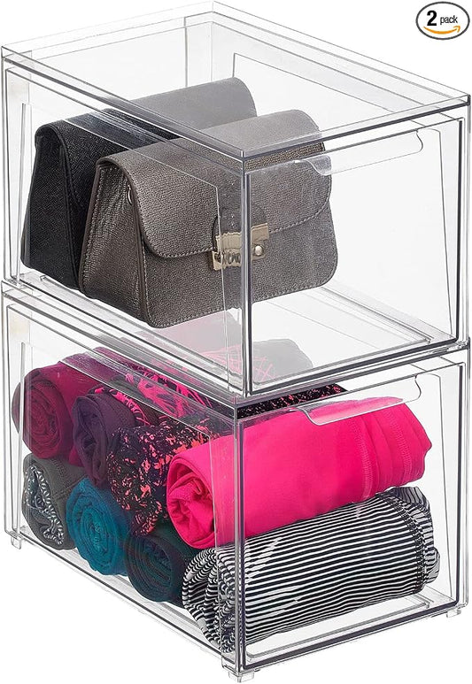 mDesign Plastic Stackable Closet Storage Organizer Bins with Pull Out Drawer for Cabinet, Desk, Shelf, Cupboard, or Dresser Organization - Lumiere Collection - 2 Pack - Clear by mDesign
