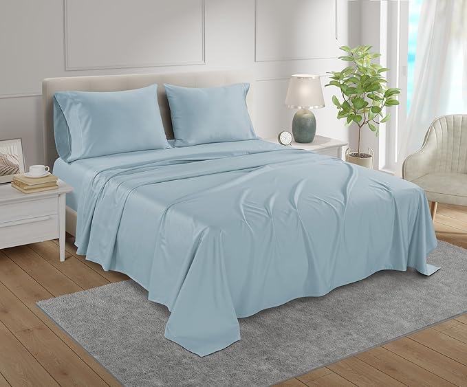 100% Egyptian Cotton Bed Sheets Full Size Bed Set, 800TC Sateen Weave 15" Deep Pocket Full Sheet Set, Soft Breathable Cool Sateen Weave 4PC Egyptian Cotton Sheets, No Pill & Shrink - Light Blue