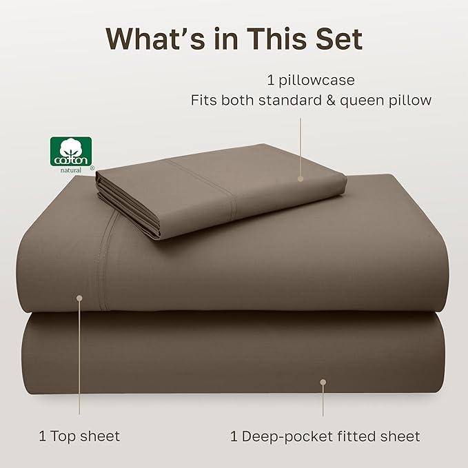California Design Den Twin Bed Sheets 100% Cotton, 600 Thread Count Sateen, Soft, Twin Sheet Set, Deep Pockets (Mushroom - Taupe Brown)