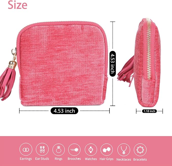 ASINGYER Travel Jewelry Storage Bag for Women, Velvet Portable Jewelry Organizer with Tassel Zipper, Small Pouches for Bracelets Necklaces Rings Earrings, Wedding Gift for Women (hot pink) - Image 6