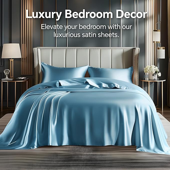 BEDELITE King Size Sheets Set, Luxury Soft Airy Blue Satin Sheets for Hair and Skin, Similar to Silk Bed Sheets Set 4 Pieces with 1 Deep Pocket Fitted Sheet, 1 Flat Sheet, and 2 Pillowcases