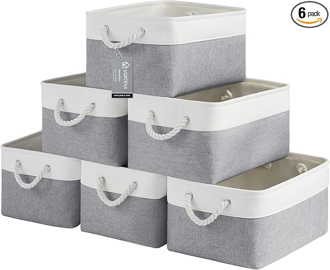 Large Storage Baskets- 15.7x11.8x8.26 inch Storage Bins for Shelves and Closet Organizing, Foldable Fabric Bin for Home Organization Clothes and Laundry (6-Pack, White&Gray) by VQRTEXAStorageBasket