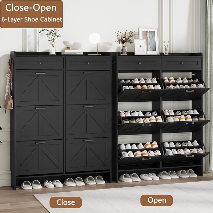 Shoe Cabinet with 6 Flip Drawers & 2 Top Drawers, 57" Tall Freestanding Narrow Wooden Shoe Storage Organizer for Entryway, Hidden Slim Shoe Rack for Front Door Entrance, Hallway, Living Room, Black - Image 4