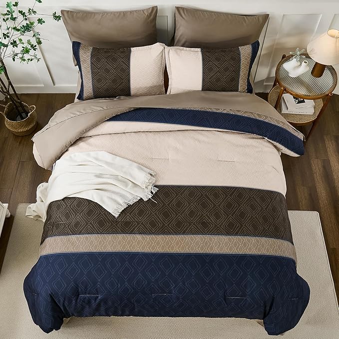 Dinjoy Navy Brown King Size Comforter Set,Striped Boho Bed in a Bag King 7 Pieces Soft Fall Bedding Comforters Sets wiht Sheets Microfiber Complete Bed Sets for All Season