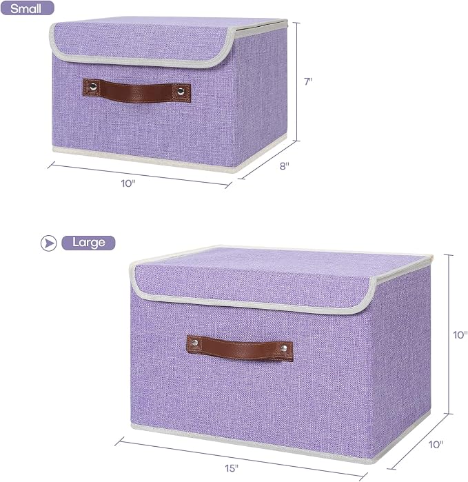 ANMINY Storage Bin with Lid Storage Boxes with PU Leather Handles PP Plastic Board Decorative Foldable Lidded Cotton Linen Fabric Home Cubes Baskets Closet Organizer Container - Purple, Large Size - Image 5
