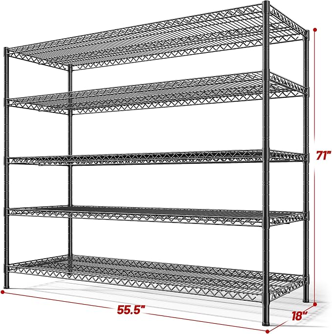 REIBII 55.5" W Storage Shelves 3200LBS Wire Shelving Unit 5 Tier Metal Shelving Heavy Duty Garage Shelving Metal Shelves for Storage Rack Adjustable Pantry Shelf, 55.5" W X 18''D X 71" H, 4PCS - Image 3