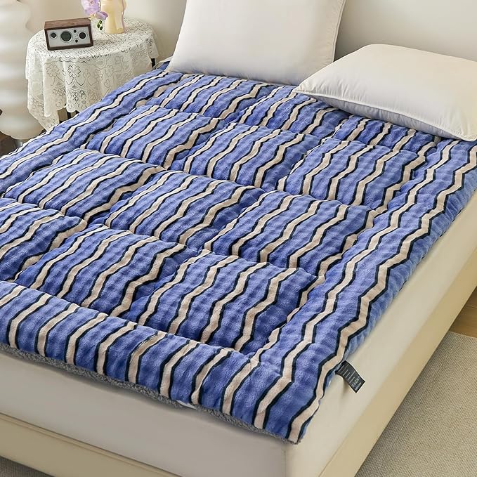 Twin Mattress Pad 39 x 75 inches, Warm Thicken Velvet Mattress Topper Twin Protector with 4 Elastic Band, Suitable for Mattresses up to 15 inches Thick Washable, Blue W Stripes