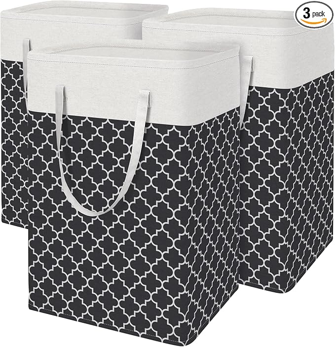 BlissTotes 3-Pack Laundry Basket, Freestanding＆Waterproof Laundry Hamper, Collapsible Tall Clothes Hamper with Easy Carry Handles for Clothes, Towels in the Family and Dorm,Clover Black,75L by BlissTotes