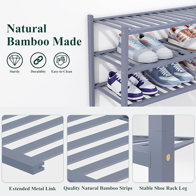 Smiry Shoe Rack, 3 Tier Thick Bamboo Shoe Organizer, Stackable Free Standing Wooden Shoe Storage Shelf for Closet, Entryway, Front Door Entrance, Grey - Image 3