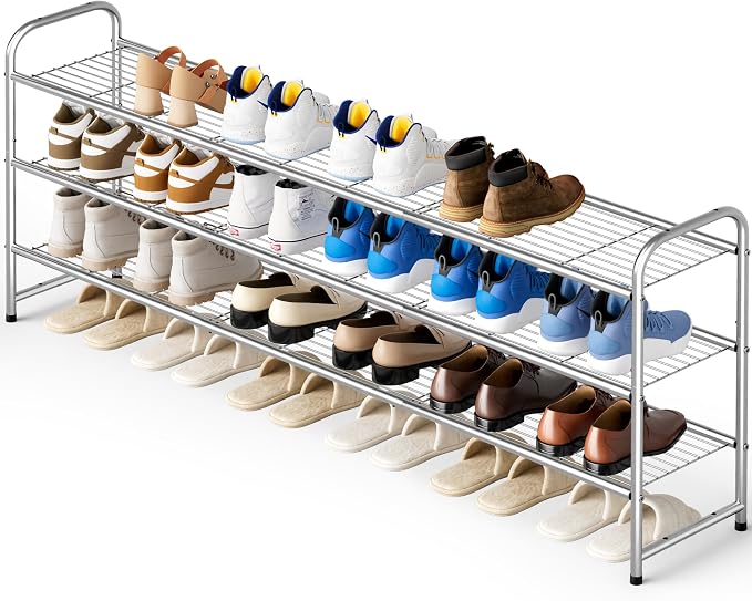 KEETDY 3-Tier Long Shoe Rack for Closet Metal Shoe Organizer for Entryway, Wide Stackable Shoe Storage Shelf with Sturdy Wire Grid for Closet Floor, Bedroom, Grey by KEETDY