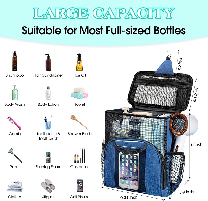 Attmu Mesh Shower Caddy Portable Dorm Tote Bag, Quick Dry Hanging Toiletry Bag, Large Capacity Shower Bag for College Dorm Room Essentials for Boys and Girls for Bath Camping (Blue) - Image 2