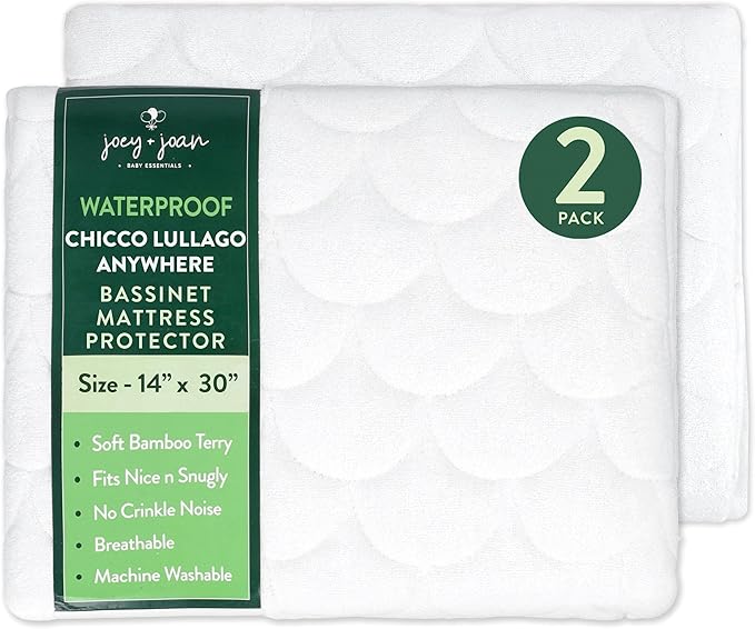 Joey + Joan Waterproof Bassinet Mattress Pad Cover Compatible with Chicco Lullago Anywhere Bassinet – 2 Pack Quilted Mattress Protector Made from Ultra Soft Bamboo Viscose Terry – 14" x 30"