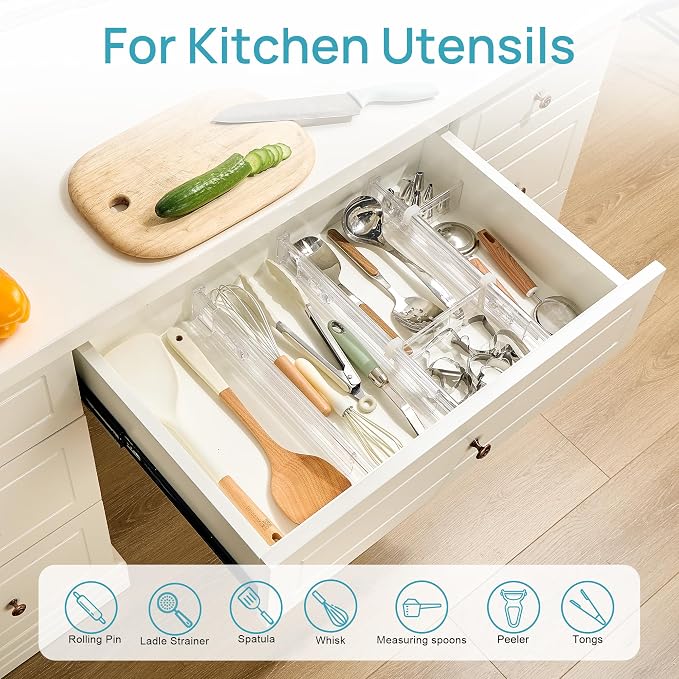 Vtopmart 2.36” Drawer Dividers with Expandable Inserts, 12.8"-22.3" Adjustable Kitchen Drawer Organizer, Clear Plastic Organizer Separator for Flatware, Utensil, Cutlery, 4 Dividers with 6 Inserts - Image 4
